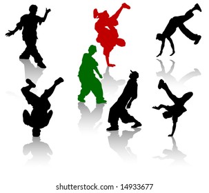 Silhouettes of street-dancers teens. Hiphop and breakdancing.