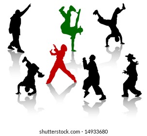 Silhouettes of street-dancers teens. Hiphop and breakdancing.