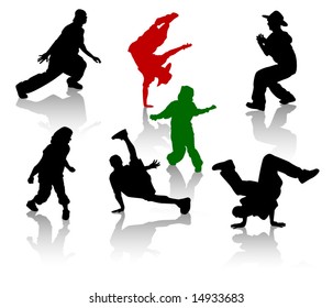 Silhouettes of street-dancers teens. Hiphop and breakdancing.