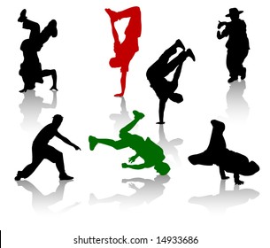 Silhouettes of street-dancers teens. Hiphop and breakdancing.