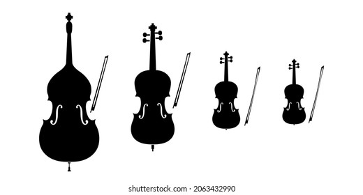 Silhouettes of stringed; bowed musical instruments. Vector Illustration of Silhouettes of double bass; cello; viola; violin