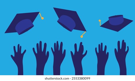 Silhouettes of Student Hands Throwing Hats at Graduation Ceremony. Studying at school or at university vector art. Education and knowledge.