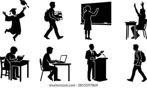 Silhouettes of students, teachers, and professionals representing education, learning, teaching, graduation, and academic success