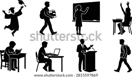 Silhouettes of students, teachers, and professionals representing education, learning, teaching, graduation, and academic success