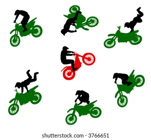 Silhouettes of stuntmen on motorcycles in flight.