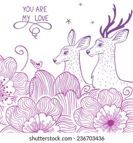 silhouettes of stylish and beautiful card with two deer and flowers