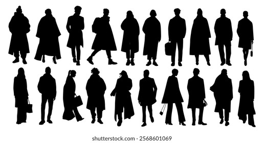 Silhouettes of stylish young men and women wearing autumn street fashion outfit. Different business people in smart casual warm outwear clothes. Vector black illustrations on white background