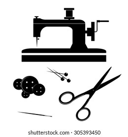 Silhouettes of subjects for sewing, the sewing machine, buttons, a needle, scissors