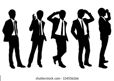 Silhouettes of successful business man purposefully looking away to empty copy space in full length isolated on white background