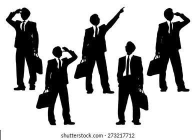 Silhouettes of successful business man purposefully looking away to empty copy space in full length isolated on white background