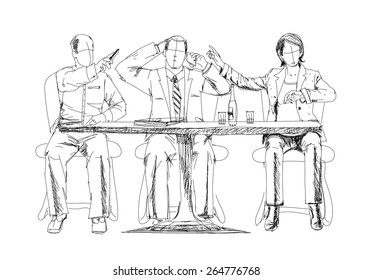 Silhouettes of successful business people working on meeting. Sketch