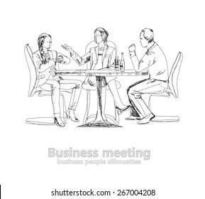 Silhouettes Of Successful Business People Working On Meeting. Sketch