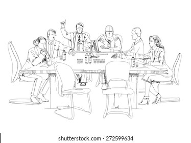 Silhouettes of successful business people working on meeting. Sketch