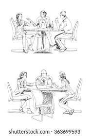 Silhouettes of successful business people working on meeting. Sketch
