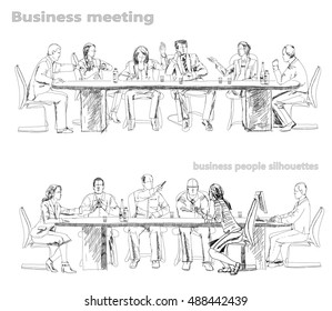 Silhouettes of successful business people working on meeting. Sketch