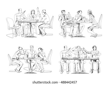 Silhouettes of successful business people working on meeting. Sketch