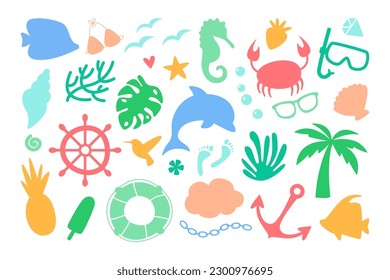 Silhouettes of summer elements flat illustrations set. Shapes of crab, bird, starfish, seahorse, bra, fishes, lifebuoy, tropical leaf, fruits and ice cream. Abstract shape designs