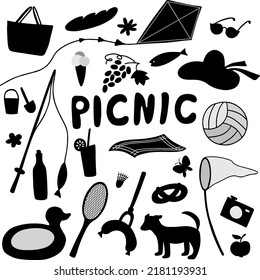 Silhouettes of summer leisure items. Hand drawn, isolated, no background. Vector illustration.