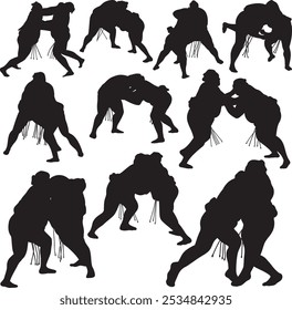 Silhouettes of sumo wrestlers in dynamic poses, showcasing throws, holds, and grappling techniques. The figures highlight the intensity, strength, and physicality of the sport.