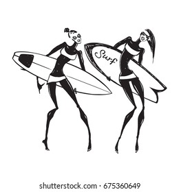 Silhouettes of surf girls. Hand drawn Vector illustration. 