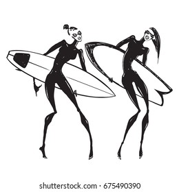 Silhouettes of surf girls. Hand drawn Vector illustration.