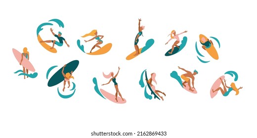 Siluetas de surfistas. Ilustración plana. Vector.