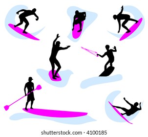 Silhouettes of surfers in movement