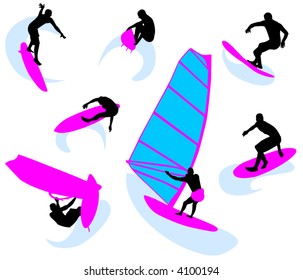 Silhouettes of surfers in movement