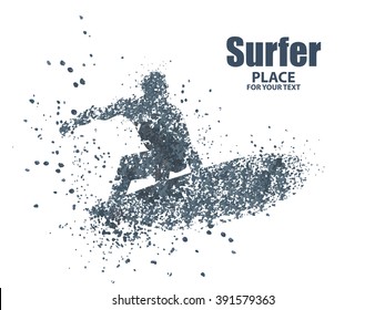 silhouettes of surfers particle divergent composition, vector illustration.