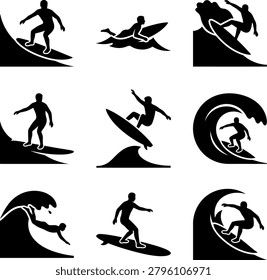 Silhouettes of surfers performing aerial stunts and wave riding maneuvers for extreme water sports graphic designs.