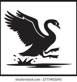 Silhouettes of swan landing with wings spread wide and water splashes
