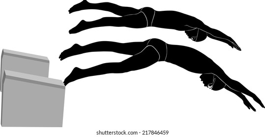 silhouettes of swimmers athletes jumping from the nightstand