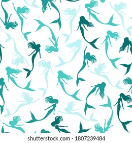 Silhouettes of swimming Mermaids, seamless pattern, vector illustration. Marine background for textile, prints, paper products, the Web.