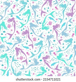 Silhouettes of swimming Mermaids, seamless pattern, vector illustration. Marine background for textile, prints, paper products, the Web.