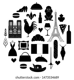 Silhouettes symbols of France. A set of stencils isolated on a white background. Vector illustration on the theme of travel in the France.