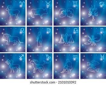 silhouettes of symbols of Zodiac on vector blue backgrounds with stars - set of horoscope signs