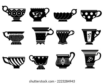 Silhouettes of tea and coffee cups with ornaments in vintage style for use as stickers, for menu decoration, showcases, interiors