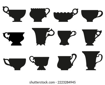 Silhouettes of tea and coffee cups in vintage style for use as stickers, for menu decoration, showcases, interiors