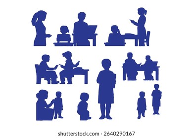 Silhouettes of teachers and students in classroom scenes, multiple education concepts with children and instructors, vector illustration
