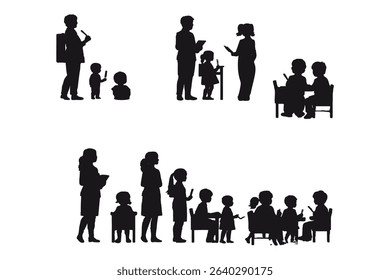 Silhouettes of teachers and students in classroom scenes, multiple education concepts with children and instructors, vector illustration