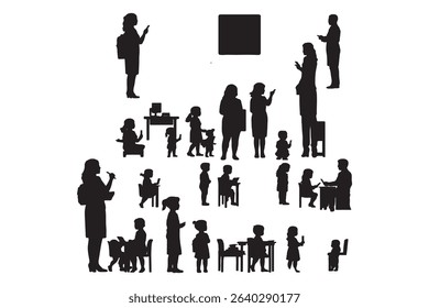 Silhouettes of teachers and students in classroom scenes, multiple education concepts with children and instructors, vector illustration