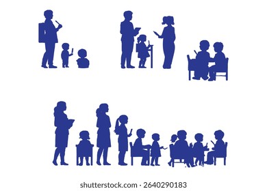 Silhouettes of teachers and students in classroom scenes, multiple education concepts with children and instructors, vector illustration
