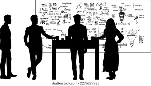 Silhouettes: equipo con tres hombres y una mujer frente a una pizarra completa - reunión de proyecto, taller, lluvia de ideas, reunión