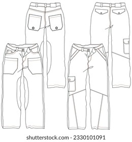 Siluetas o líneas técnicas de pantalones de jean con cortes estacionales y bolsillos para hombres, niños, niñas o mujeres.