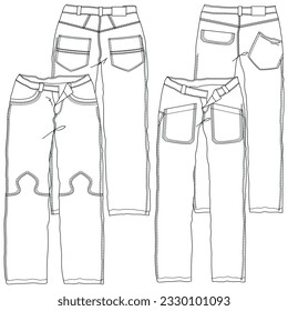 Silhouettes or technical lines of jean pants with seasonal cuts and pockets for men, boys, girls or women.