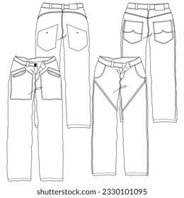 Siluetas o líneas técnicas de pantalones de jean con cortes estacionales y bolsillos para hombres, niños, niñas o mujeres.