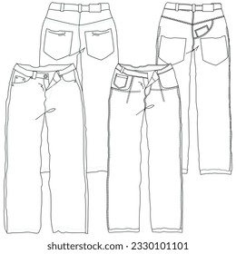 Silhouettes or technical lines of jean pants with seasonal cuts and pockets for men, boys, girls or women.