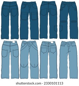 Siluetas o líneas técnicas de pantalones de jean con cortes estacionales y bolsillos para hombres, niños, niñas o mujeres.