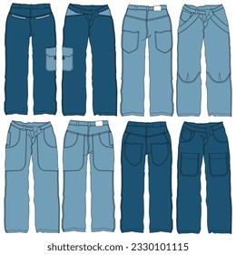 Siluetas o líneas técnicas de pantalones de jean con cortes estacionales y bolsillos para hombres, niños, niñas o mujeres.