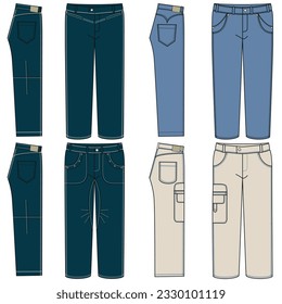 Silhouettes or technical lines of jean pants with seasonal cuts and pockets for men, boys, girls or women.